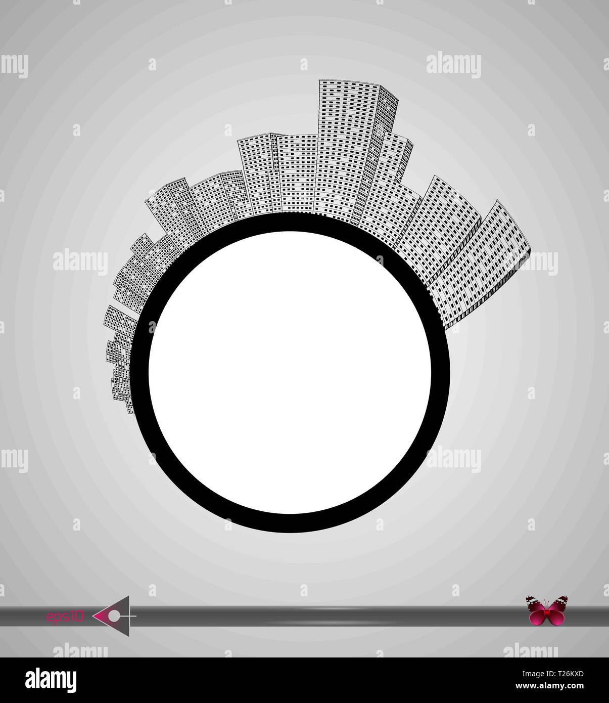 La silhouette della città e grattacieli sul cerchio. Posto per l'iscrizione. Urbano, real estate, agenzia. Illustrazione Vettoriale