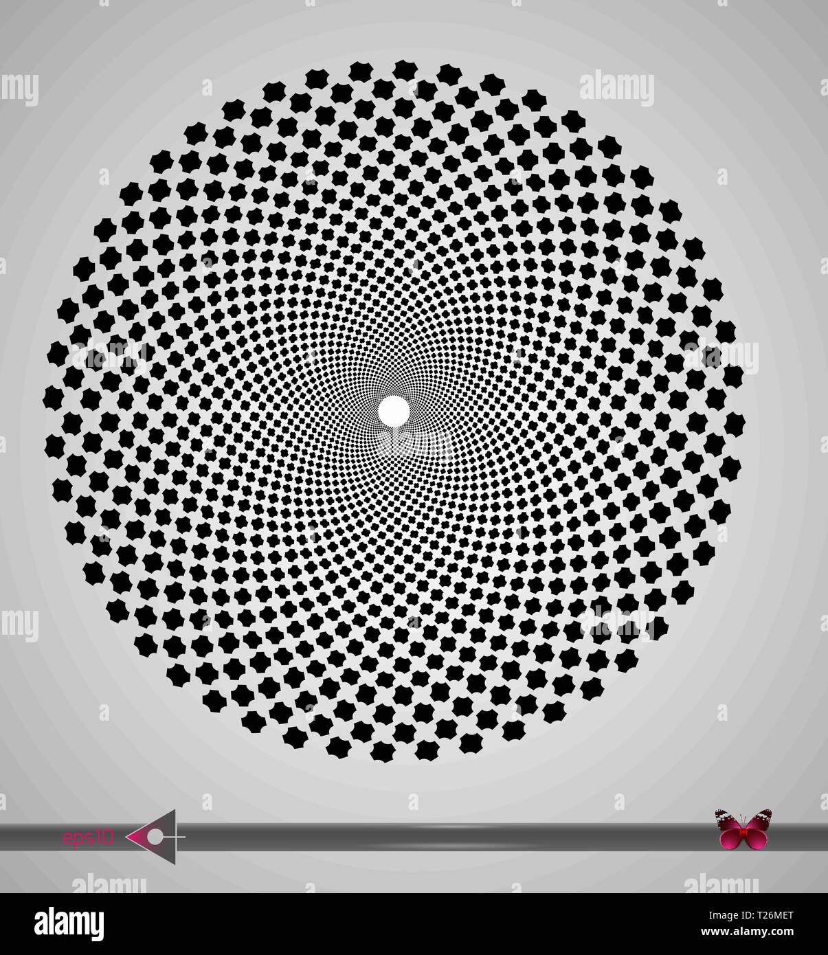 Il vettore in bianco e nero dei cerchi a spirale Swirl Round astratta illusione ottica. Abstract sfondo geometrico Design. Illustrazione Vettoriale