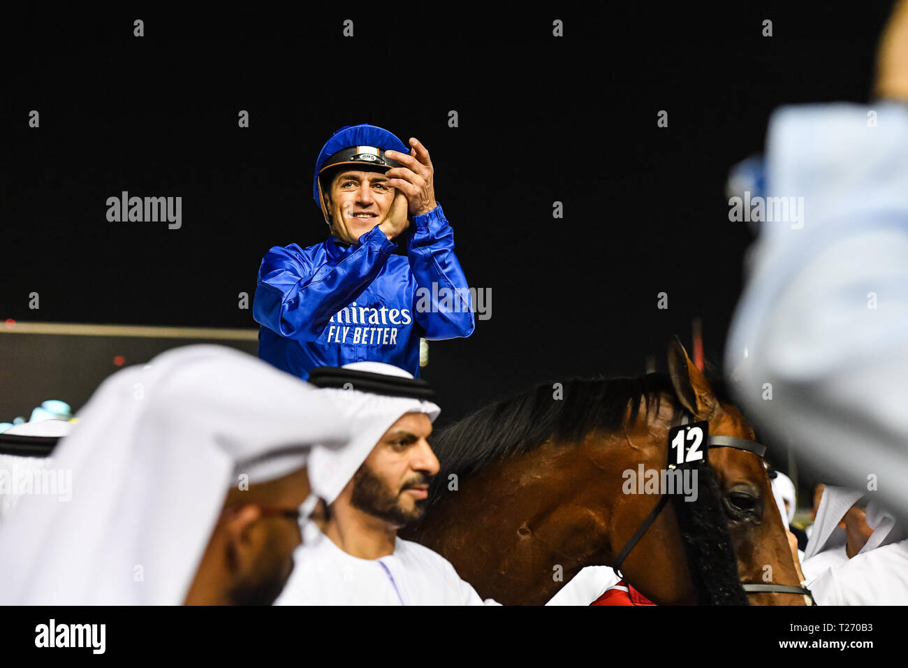 DUBAI, UAE, 30 marzo 2019. Thunder Snow diventa il primo cavallo nella storia a vincere il Dubai World Cup due volte. Cavalcato da Christophe Soumillon e addestrati da Saeed bin Suroor per i proprietari di Godolphin Credito: Feroz Khan/Alamy Live News Foto Stock