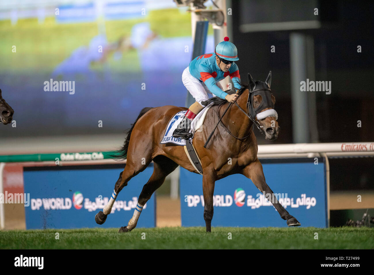 Dubai, EAU. 30 Mar, 2019. Gli occhi a mandorla, cavalcato da Christophe Lemaire vince il gruppo 1 tappeto erboso di Dubai Dubai World Cup notte all Ippodromo di Meydan negli Emirati Arabi Uniti. Michael McInally/Eclipse Sportswire/CSM/Alamy Live News Foto Stock