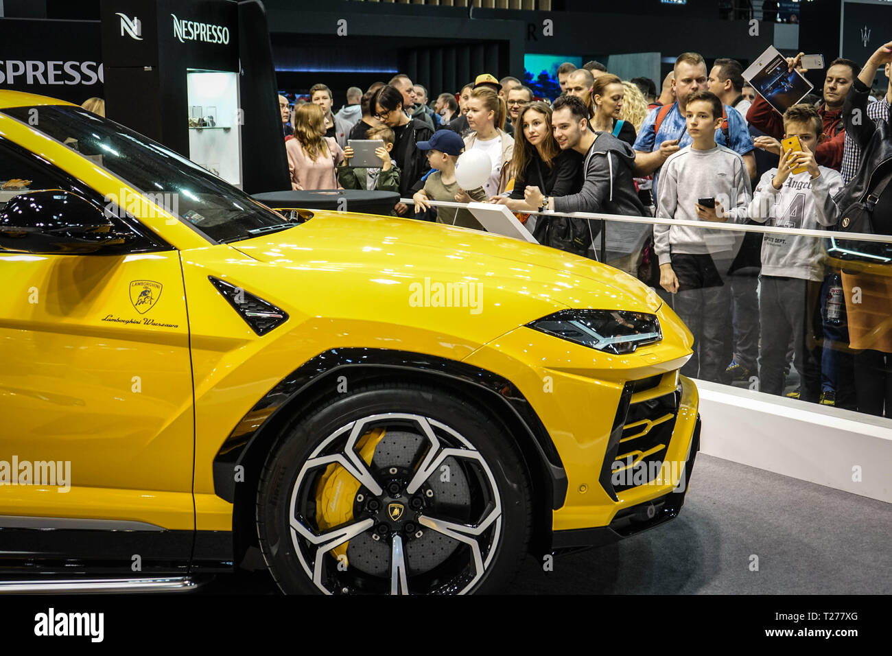 Poznan, Polonia. 30 Mar, 2019. Una Lamborghini Urus è visto a Poznan Motor Show 2019 a Poznan, in Polonia, il 30 marzo 2019. Il Poznan Motor Show 2019, con la partecipazione di 170 case automobilistiche, è trattenuto dal 28 marzo al 31 Marzo a Poznan. Credito: Zhou Nan/Xinhua/Alamy Live News Foto Stock