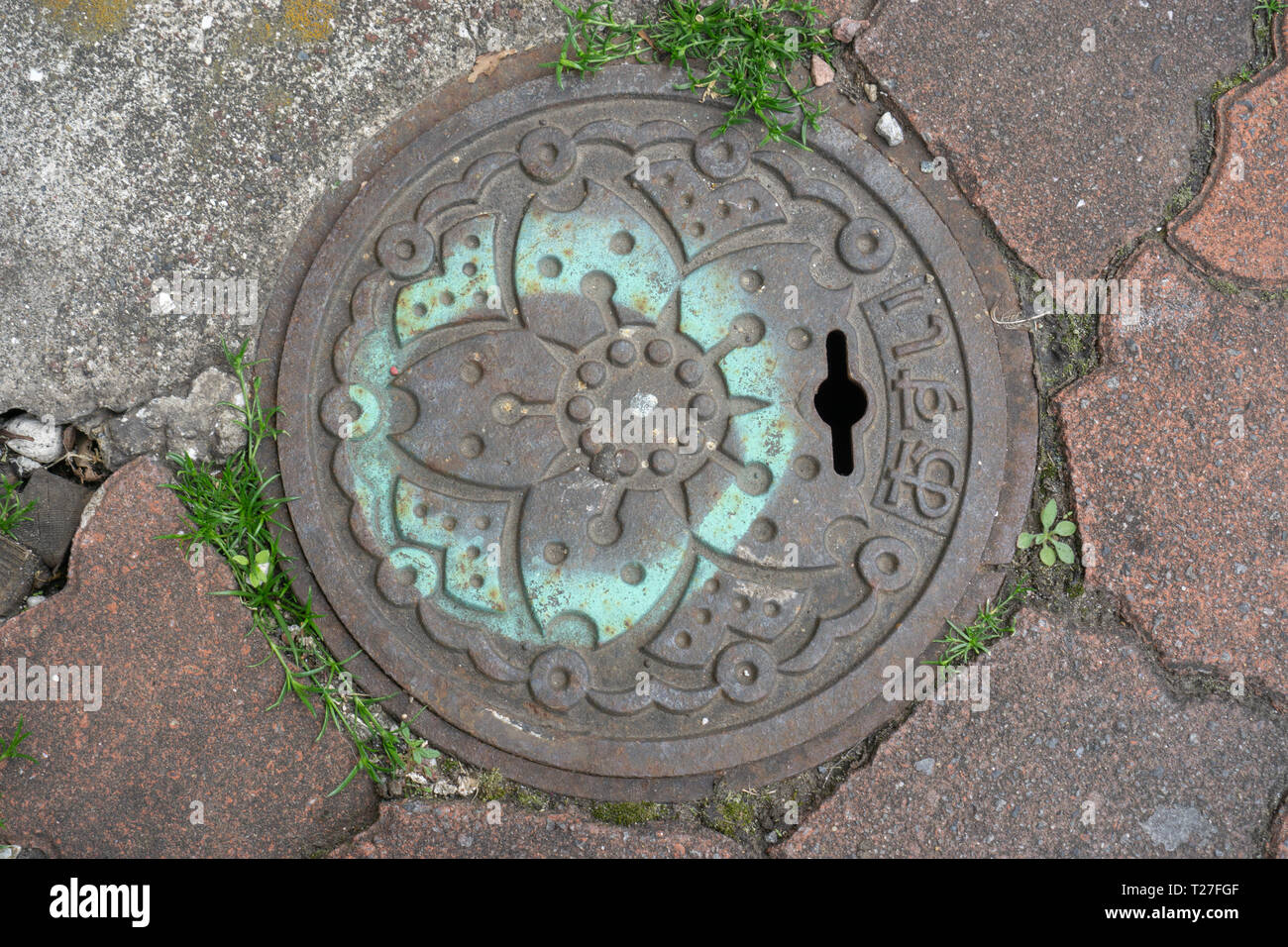 Alcuni dei luoghi più particolari di Tokyo sono sul terreno. Ci sono 10000 disegni di tombini e una crescente comunità di drainspotters in tutto il mondo Foto Stock