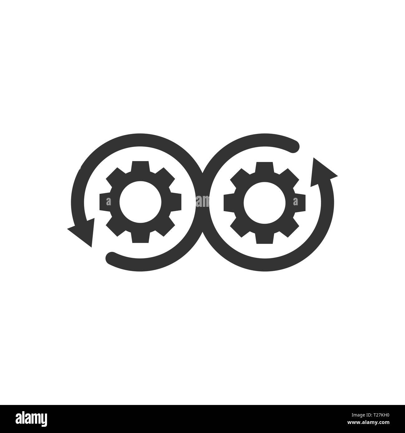 Icona di sviluppo in stile appartamento. Devops illustrazione vettoriale bianco su sfondo isolato. Il dente di incastro con la freccia la concezione di business. Illustrazione Vettoriale Icona di sviluppo in stile appartamento. Devops illustrazione vettoriale bianco su sfondo isolato. Il dente di incastro con la freccia la concezione di business. Illustrazione Vettoriale