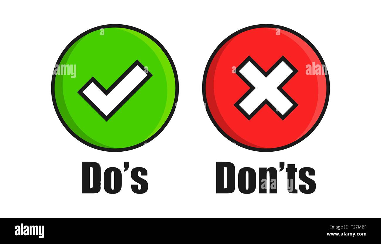 Cosa fare e cosa non fare firmare icona in stile appartamento. Come, a differenza di illustrazione vettoriale bianco su sfondo isolato. Sì, nessun concetto aziendale. Illustrazione Vettoriale