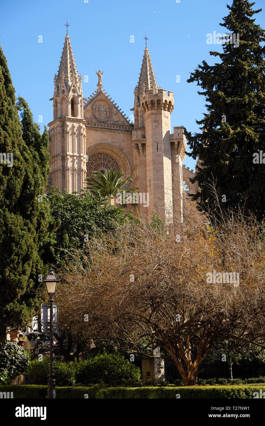 Palma Mallorca Cattedrale Santa Maria La Seu vista frontale rosone in verticale Foto Stock