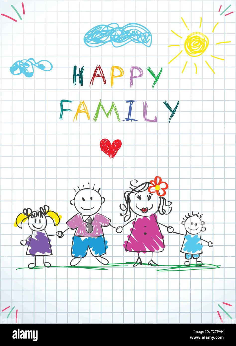 La famiglia felice Holding Hands Baby disegno sul foglio a scacchi. Doodle immagine della madre, padre e figlia e figlio di stand su erba sotto le nuvole e sole Ki Illustrazione Vettoriale