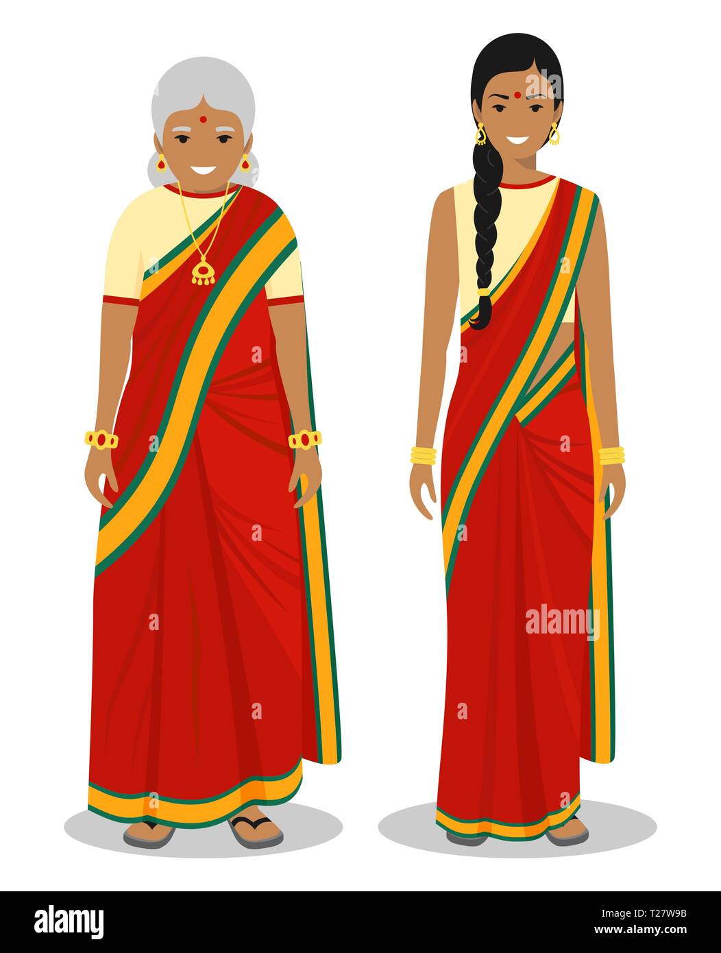 Illustrazione dettagliata di standing vecchio e giovane donna indiana in nazionali tradizionali abiti indiani isolati su sfondo bianco in stile appartamento. Ho Foto Stock