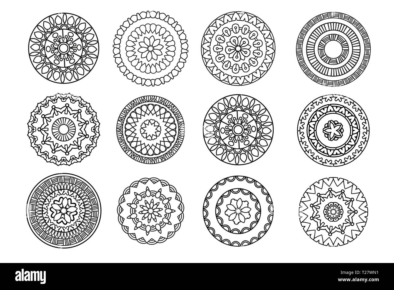 Mandala set. Ornamento rotondo. Etnico design decorativo raccolta di elementi. Bianco e nero illustrazione vettoriale. Isolato su sfondo bianco Illustrazione Vettoriale