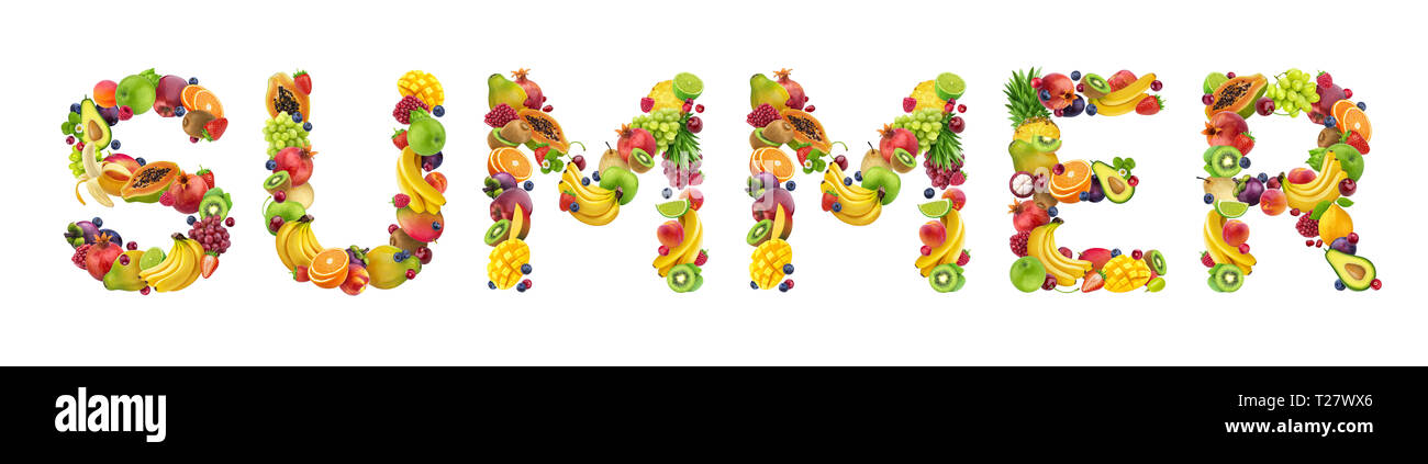 Parola estate fatta di diversi tipi di frutta e bacche e frutta font isolato su sfondo bianco con percorso di clipping, sani e freschi di alfabeto Foto Stock