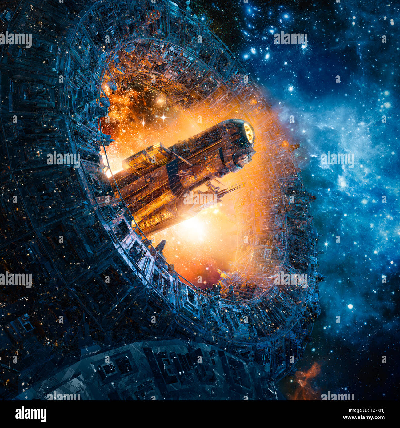 Titan's gate rivisitato / 3D illustrazione di fantascienza blindata pesante incrociatore da battaglia astronave in arrivo attraverso gigante portale meccanica all'esterno Foto Stock