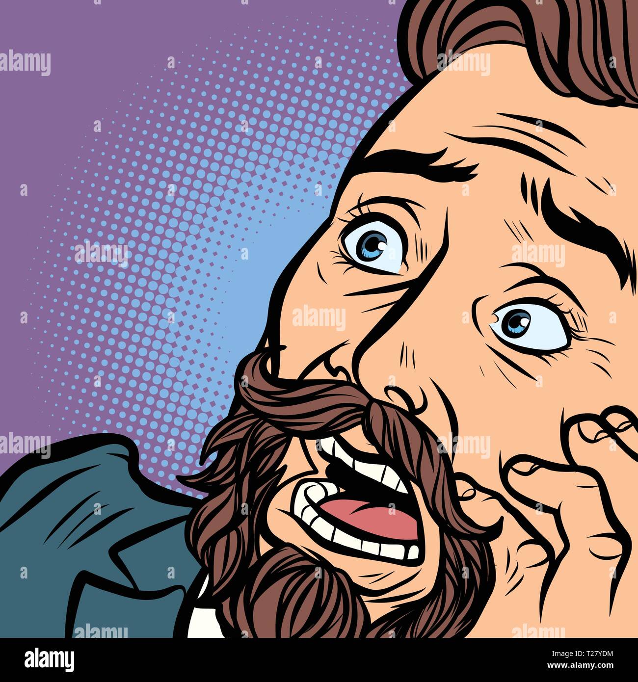Spaventata barbuto hipster man, di paura e di orrore. faccia close-up Illustrazione Vettoriale