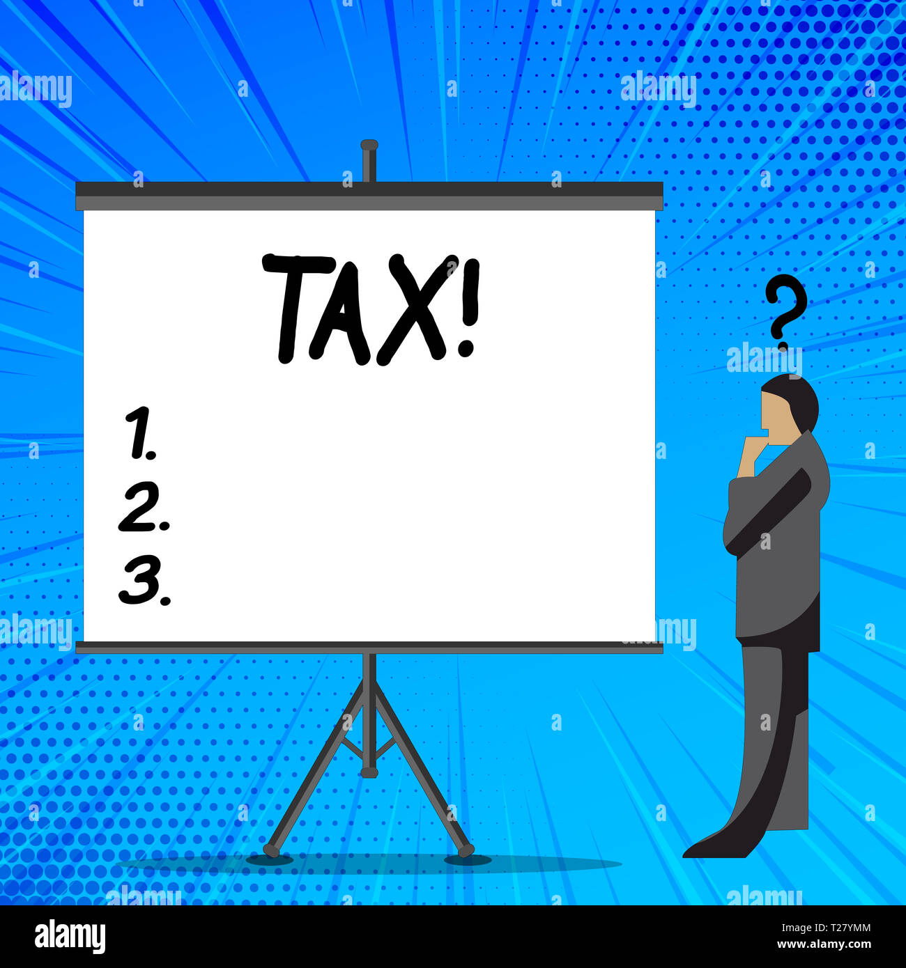 Parola di scrittura di testo Imposta. Business photo presentazione di obbligo di pagamento di imposte da mostrare al governo di aumentare le entrate imprenditore con punto interrogativo Foto Stock