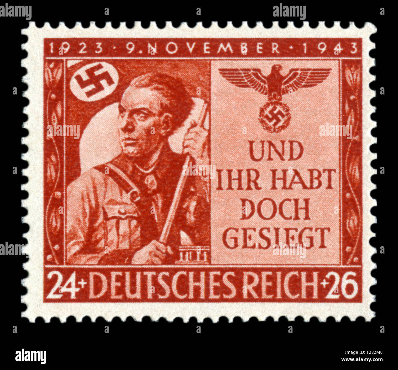 German Historical timbro: il ventesimo anniversario della "birra putsch", "contro ogni probabilità, abbiamo vinto", un giovane di Hitler a favore della gioventù con una bandiera, Germania Foto Stock