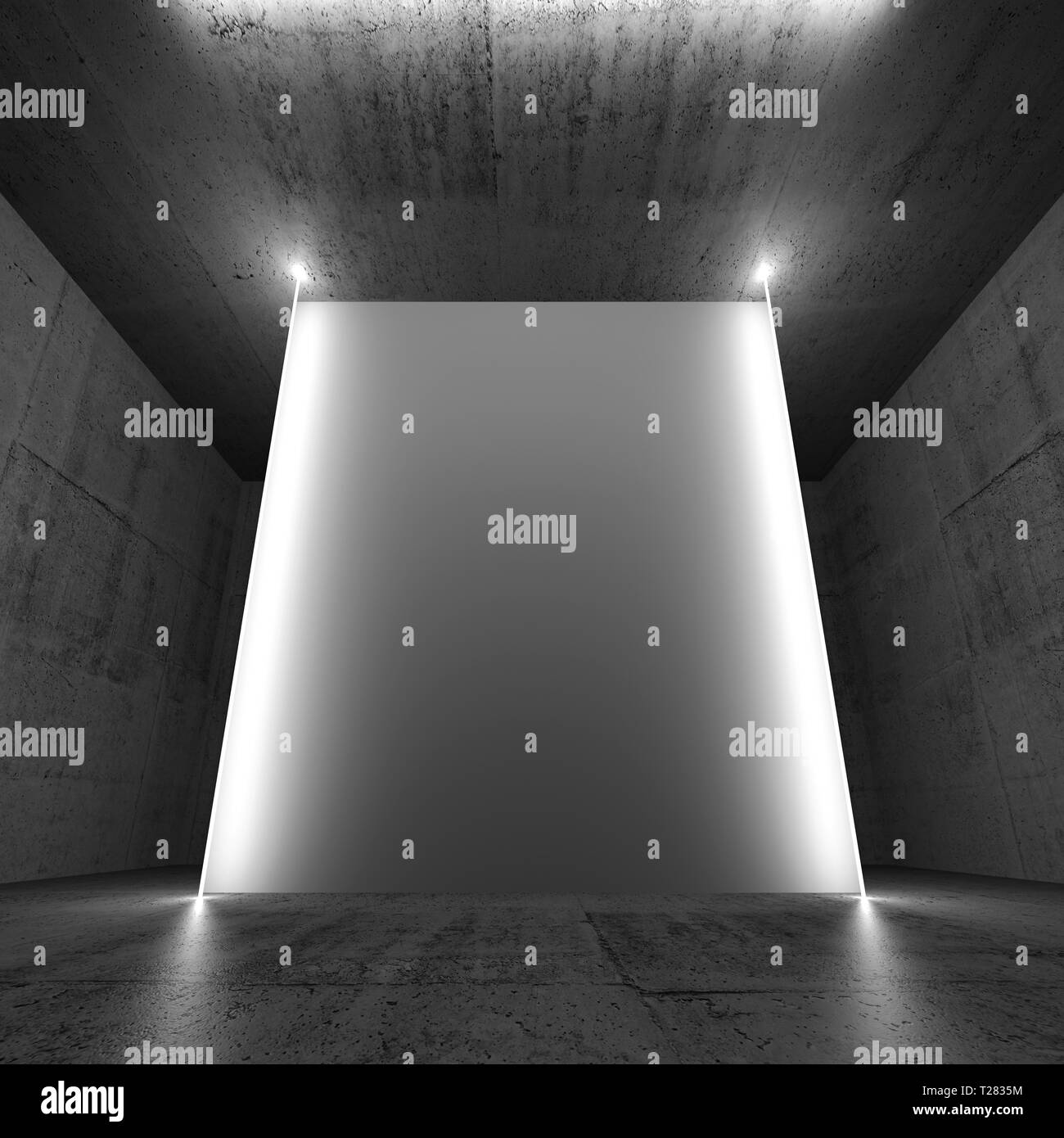 Abstract interni in calcestruzzo con uno sfondo bianco vuoto banner verticale e luci al neon. Square 3D render Foto Stock