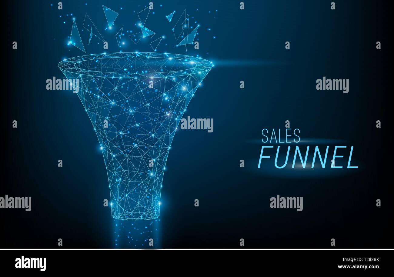Imbuto di vendita progettati in 3D stile poligonale,consistente di punti, linee e forme su sfondo blu scuro. Vettore di dati di grandi dimensioni o vendite marketing funnel Illustrazione Vettoriale