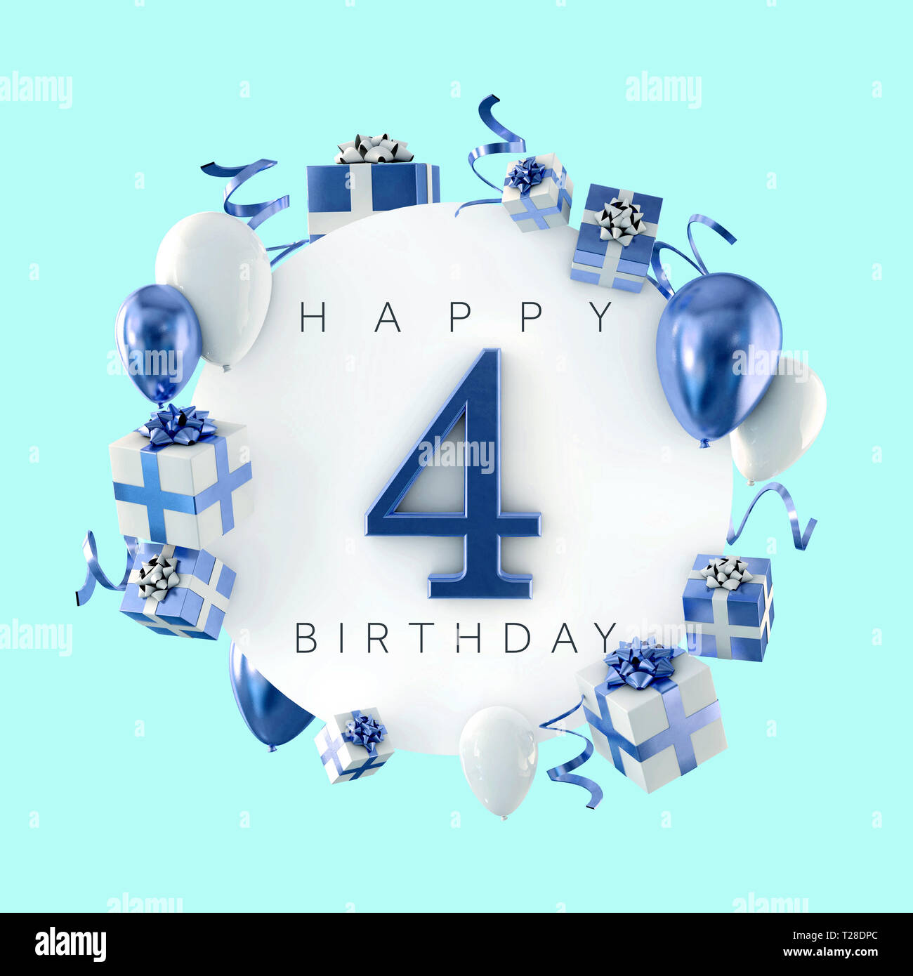 Felice quarto compleanno composizione party con palloncini e presenta. 3D Render Foto Stock