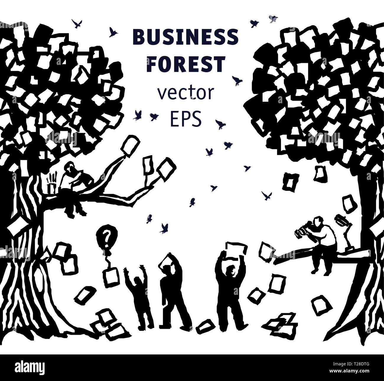 Abstract business popolo della foresta e dei documenti in bianco e nero silhouette Illustrazione Vettoriale