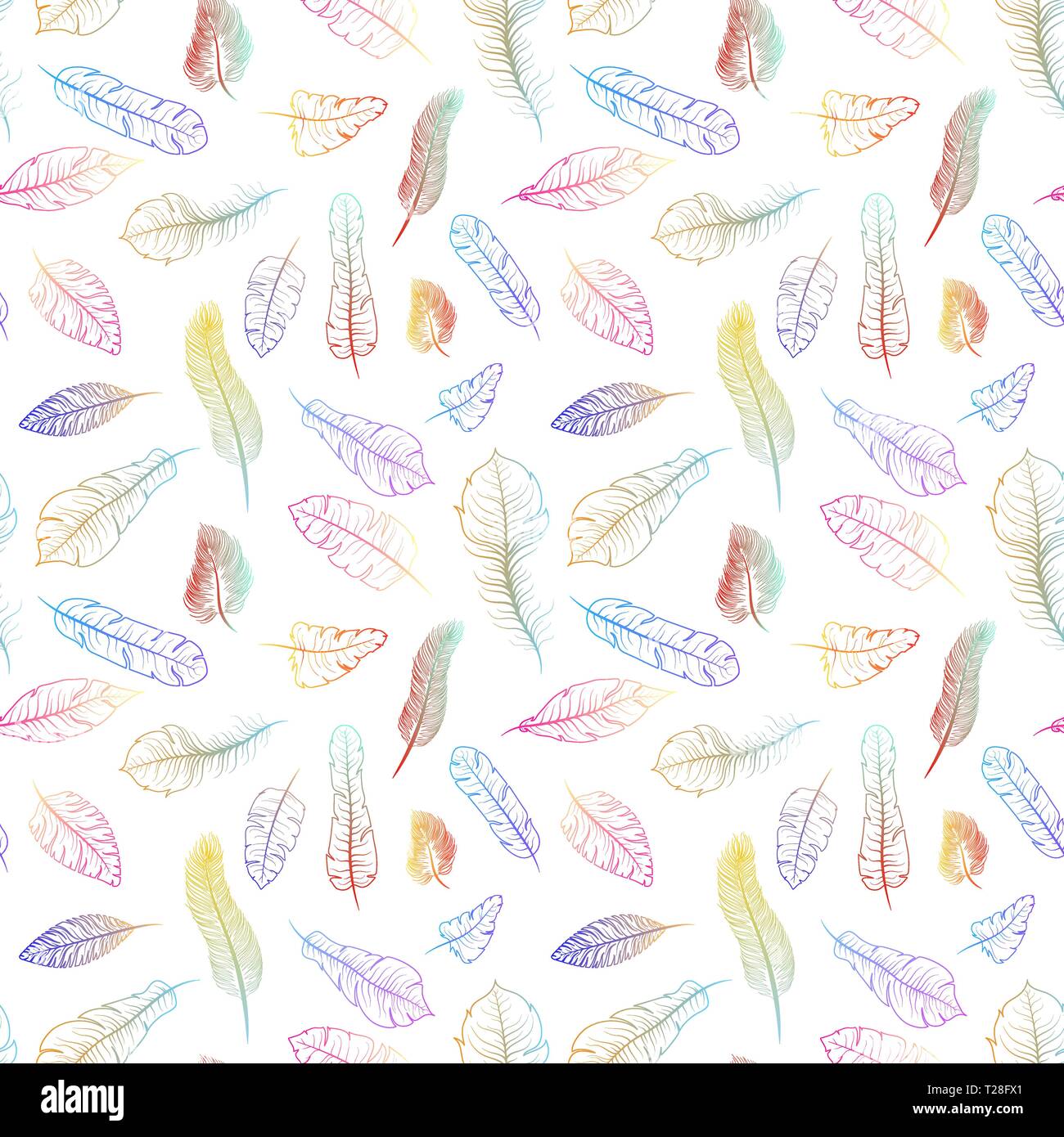 Diverse colorate piume esotiche su bianco, modello senza giunture Illustrazione Vettoriale