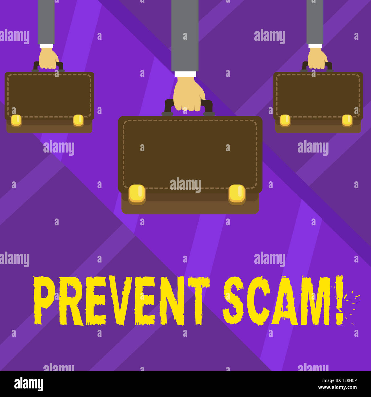 La scrittura della nota mostra impedire la truffa. Il concetto di business per la tutela dei consumatori di transazioni fraudolente mani porta valigetta marrone con stile di corsa Foto Stock