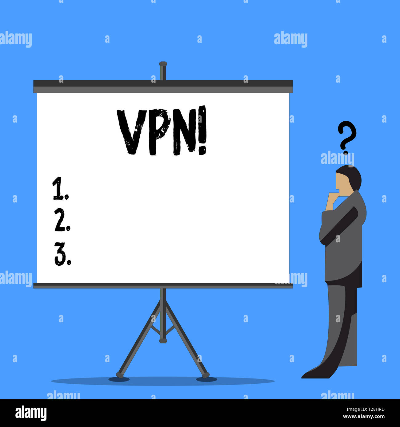 Parola di scrittura di testo VPN. Business photo vetrina virtuale protetta la rete privata attraverso il dominio riservati protetti imprenditore con punto interrogativo di un Foto Stock