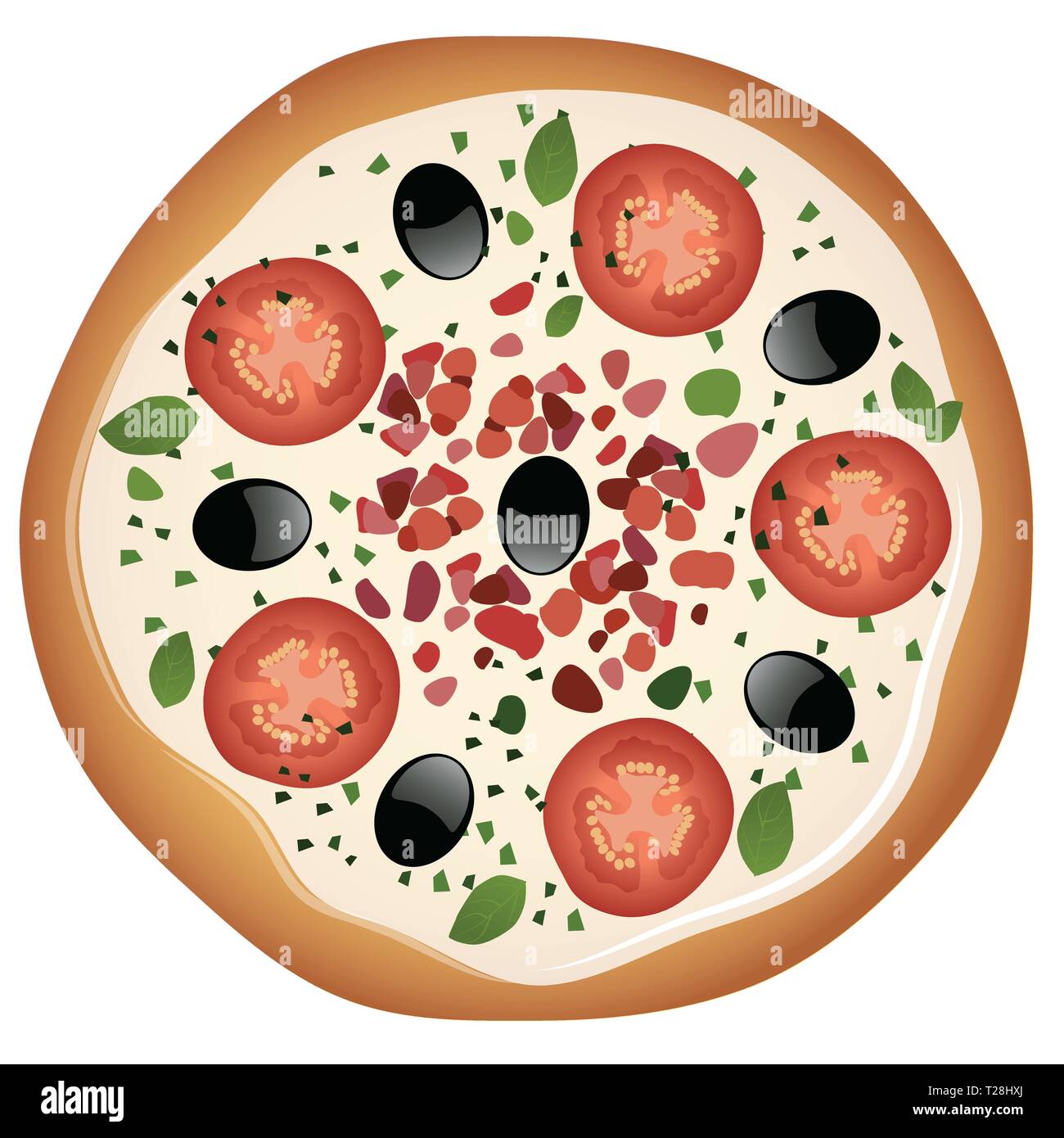 Pizza con mozzarella, pomodoro e olive nere con prosciutto, origano e basilico. Isolato su sfondo bianco. Illustrazione Vettoriale