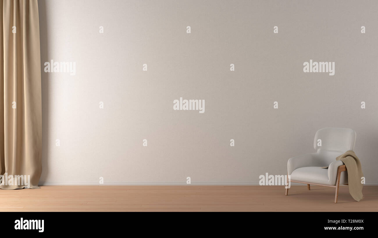 Muro grezzo in living room interior mock up con pavimentazione, sedia bianca e la tendina. 3D render Foto Stock