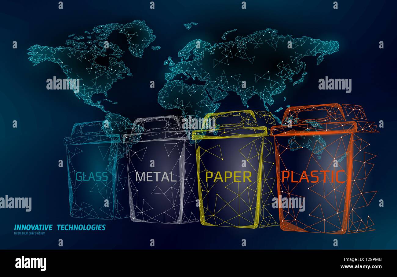 Bassa poli di separazione dei rifiuti mappa Mondo concetto. Il riciclo di rifiuti di plastica carta di alluminio contenitore in vetro bin. Ecologico poligonale salvare il pianeta campagna Illustrazione Vettoriale