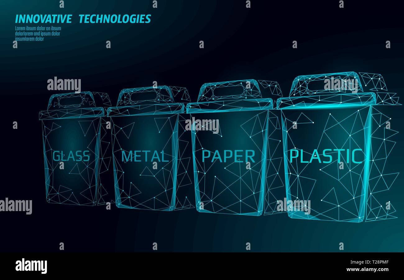 Bassa poli di separazione dei rifiuti 3D concetto. Il riciclo di rifiuti di plastica carta di alluminio contenitore in vetro bin. Ecologico poligonale salvare il pianeta campagna. Urban Illustrazione Vettoriale