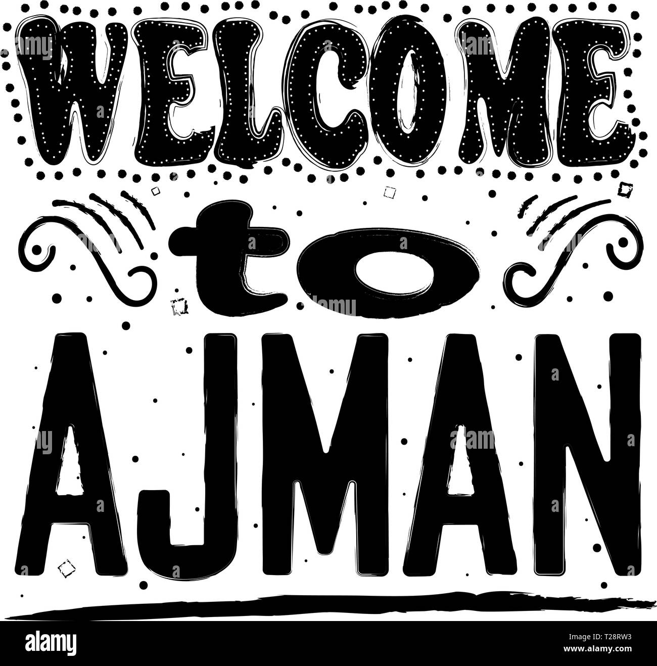 Benvenuto a Ajman. È la capitale dell'emirato di Ajman negli Emirati Arabi Uniti (EAU), situato lungo il Golfo Persico. Disegno a mano, isolare let Illustrazione Vettoriale