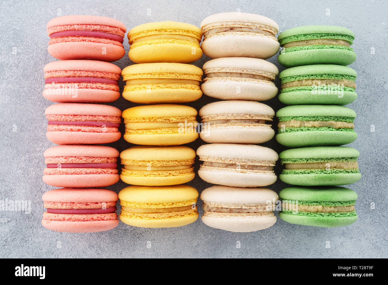 Righe di vari colorati macarons francese su sfondo grigio. Foto Stock