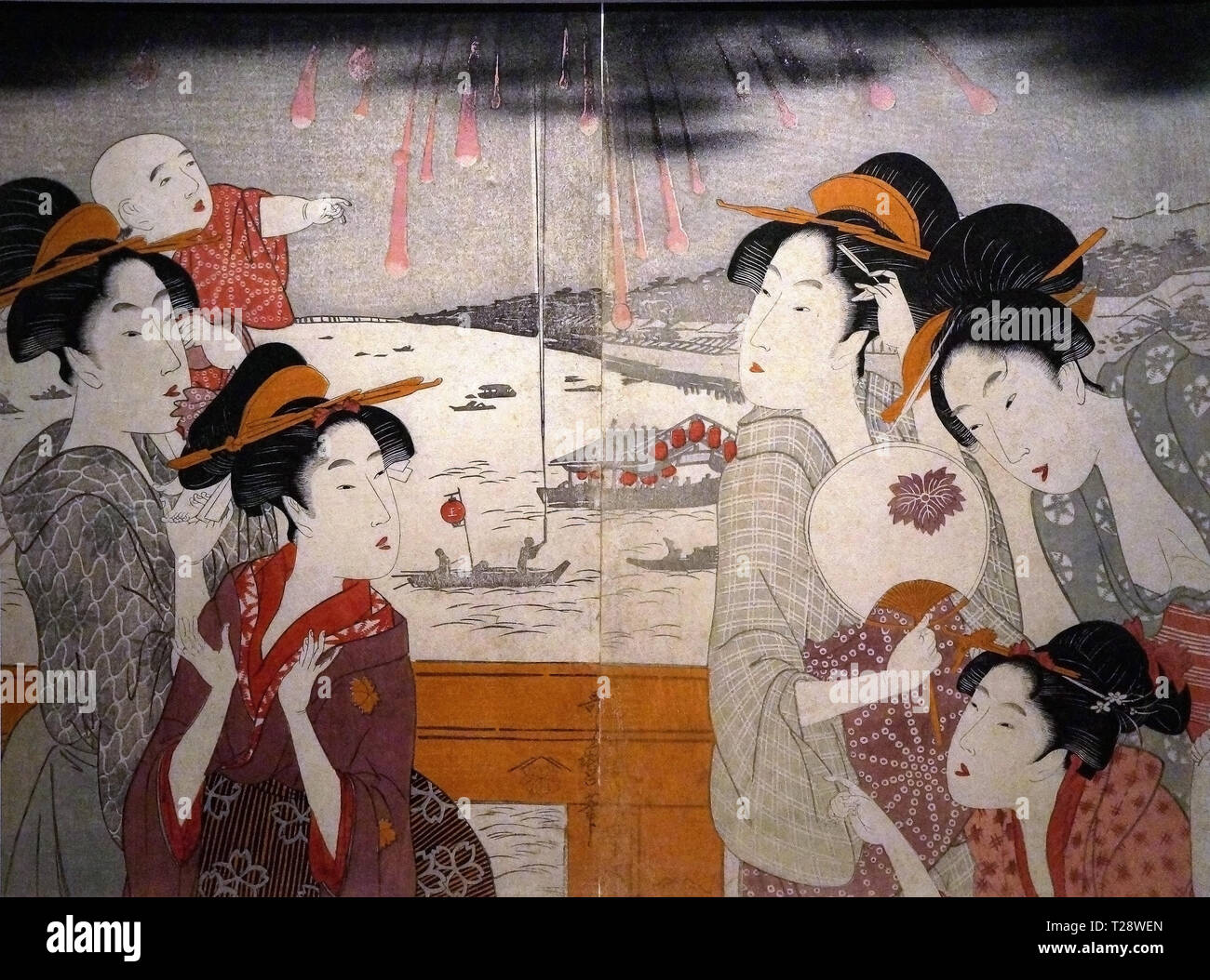 Fuochi d'artificio di Ryogoku, da Kitagawa Utamaro (woodblock stampa, periodo Edo) Foto Stock