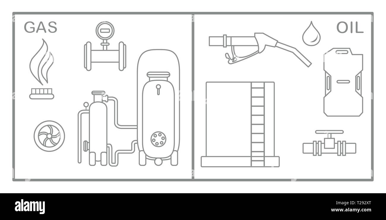 Illustrazione Vettoriale con apparecchiature per la produzione di petrolio e gas. Industria petrolifera, l'industria del gas. Estrazione, storage, utilizzando il petrolio e il gas. Illustrazione Vettoriale