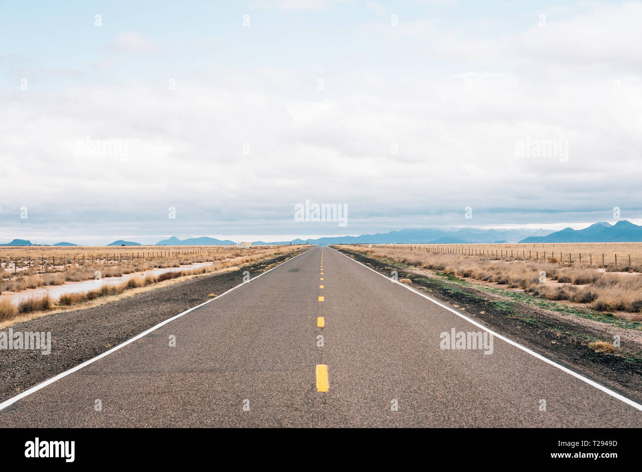 Dritto, strada piana nel deserto del New Mexico Foto Stock