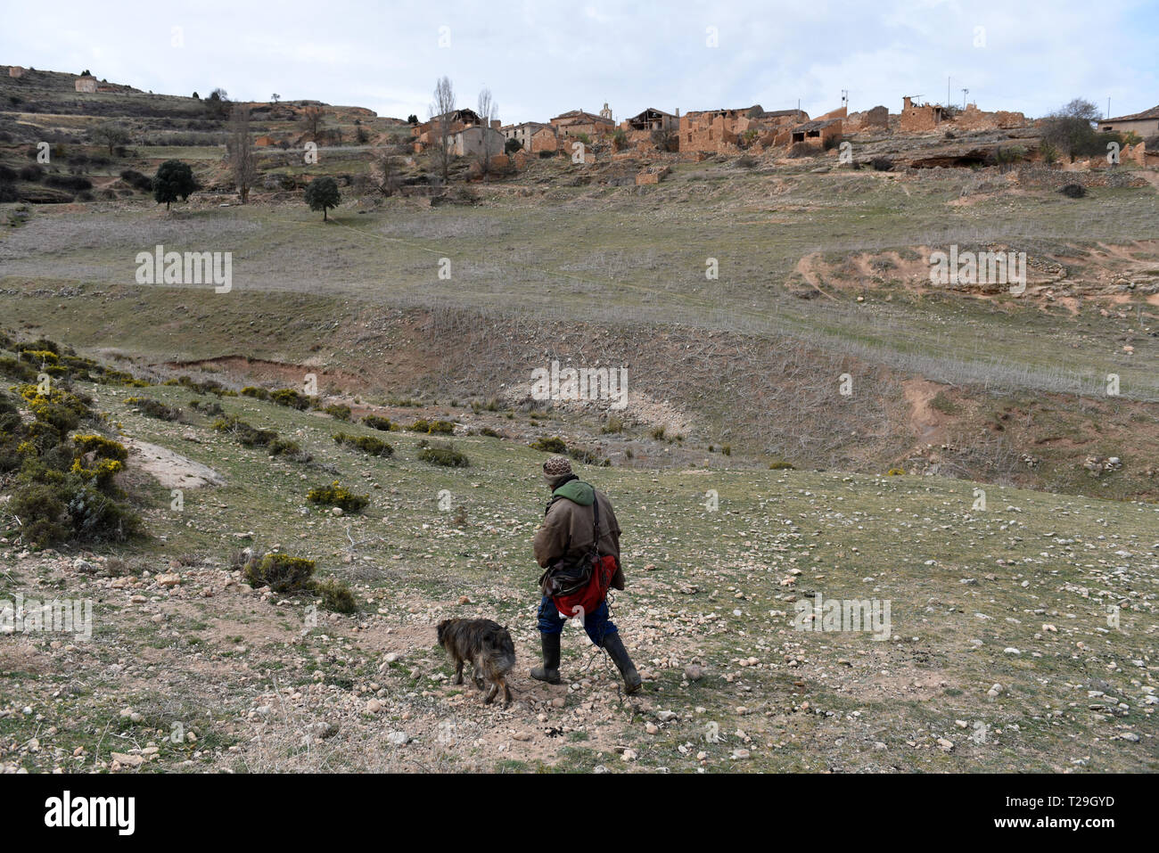 Un pastore è visto a piedi con il suo cane in un villaggio disabitato di Cabreriza, nel nord della provincia spagnola di Soria. La densità di popolazione in questa zona arrotonda a due abitanti per chilometro quadrato, simile alle estreme regioni come la Lapponia o la Siberia. Questo rende Cabreriza spopolato quindi che colpiscono la vita quotidiana e le attività. Foto Stock