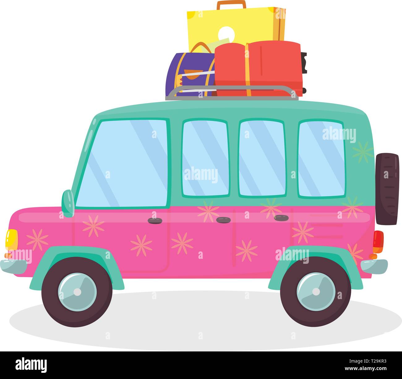 Valigie e borse in tronco della macchina pronta per partire per le vacanze, all'aperto, viaggio,. Vista laterale della berlina isolati su sfondo bianco. Travelin Illustrazione Vettoriale