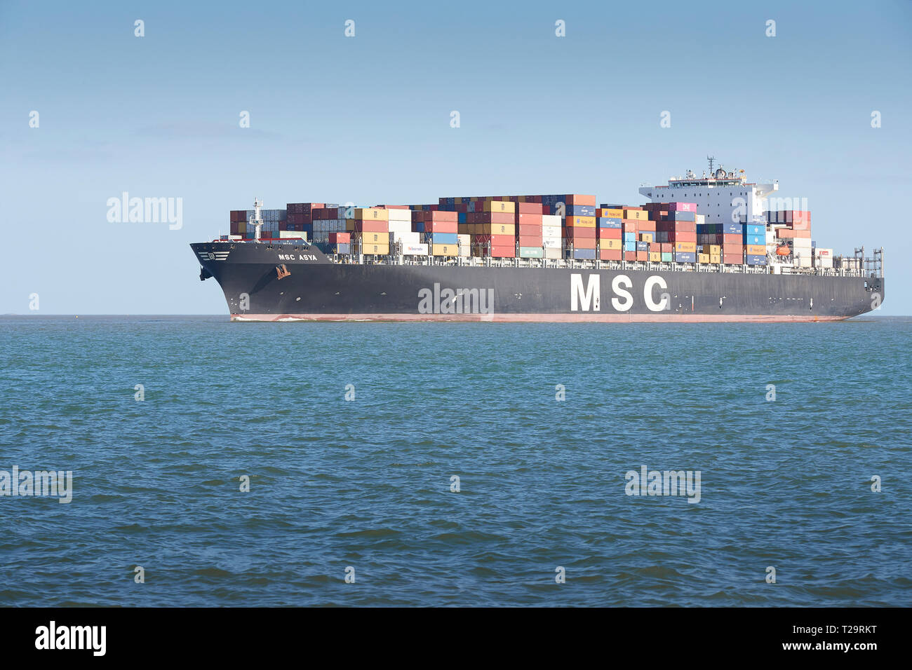 Il contenitore nave MSC, Assja, in corso in mare, lungo il tragitto per il Porto di Southampton, Regno Unito. Il 25 marzo 2019. Foto Stock