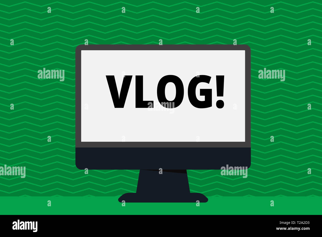 La scrittura della nota mostra Vlog. Il concetto di business per un intrattenimento multimediale di radiodiffusione auto notizie storie di reporting Desktop vuoto Computer ghiaione colorati Foto Stock