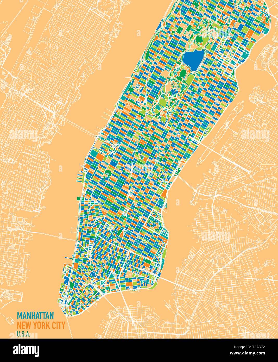 Mappa satellitare di New York City, sull'isola di Manhattan. Quartieri e i blocchi colorati. Strade e centro citta'. La vista satellitare. Poster colorati mappa Illustrazione Vettoriale