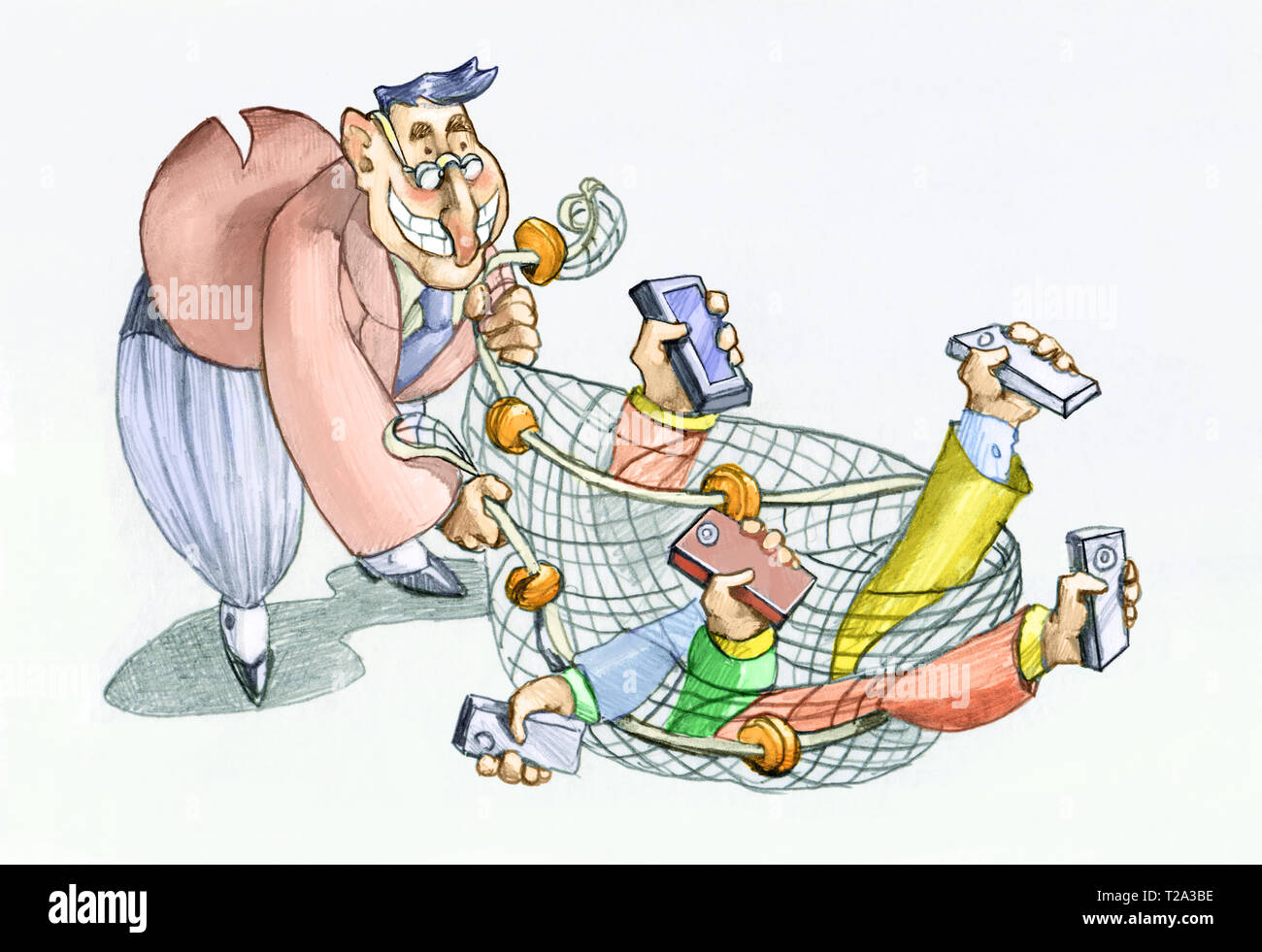 Imprenditore acquisisce con il net la gente che usa la metafora del cellulare della violazione della privacy umorismo matita disegnare Foto Stock