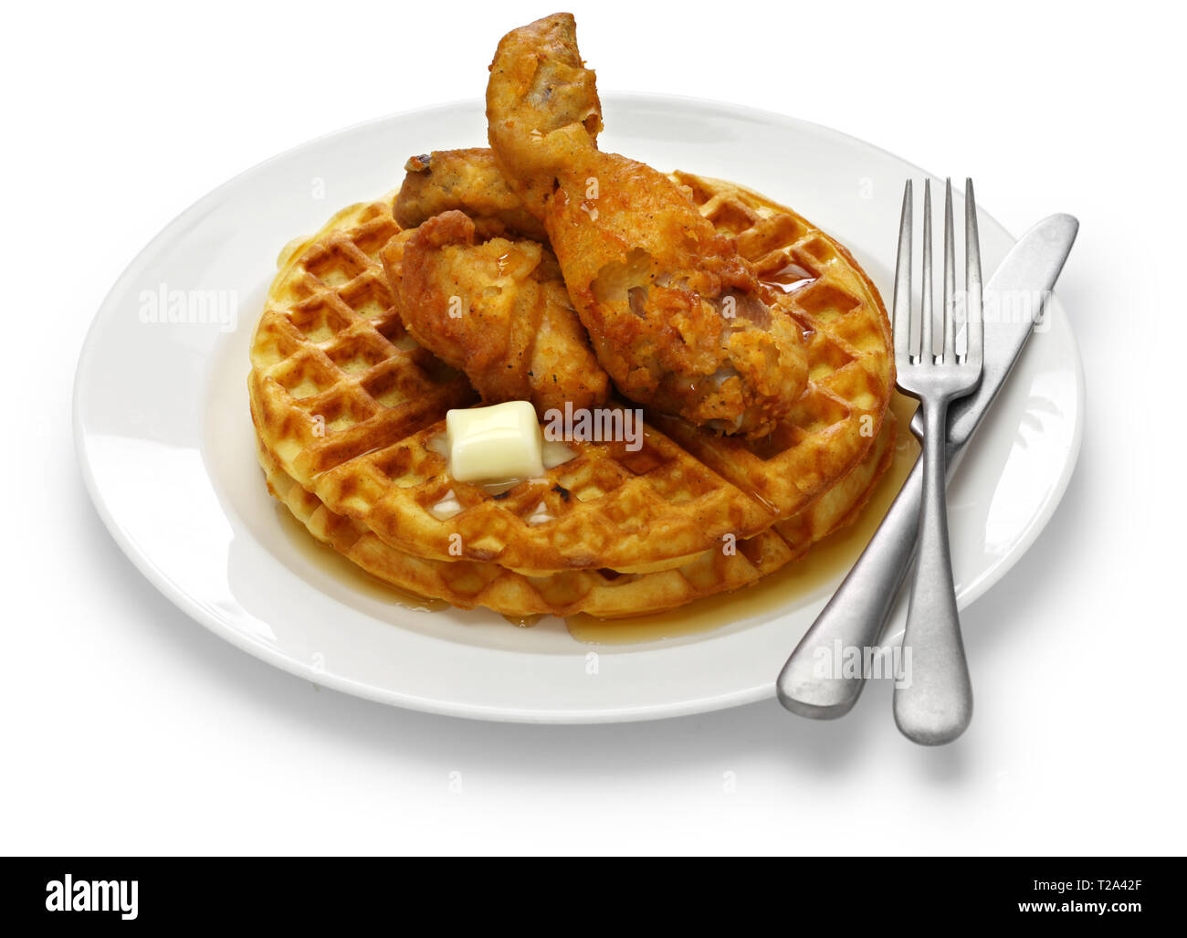 Pollo fritto e cialde con sciroppo d'acero, American food Foto Stock