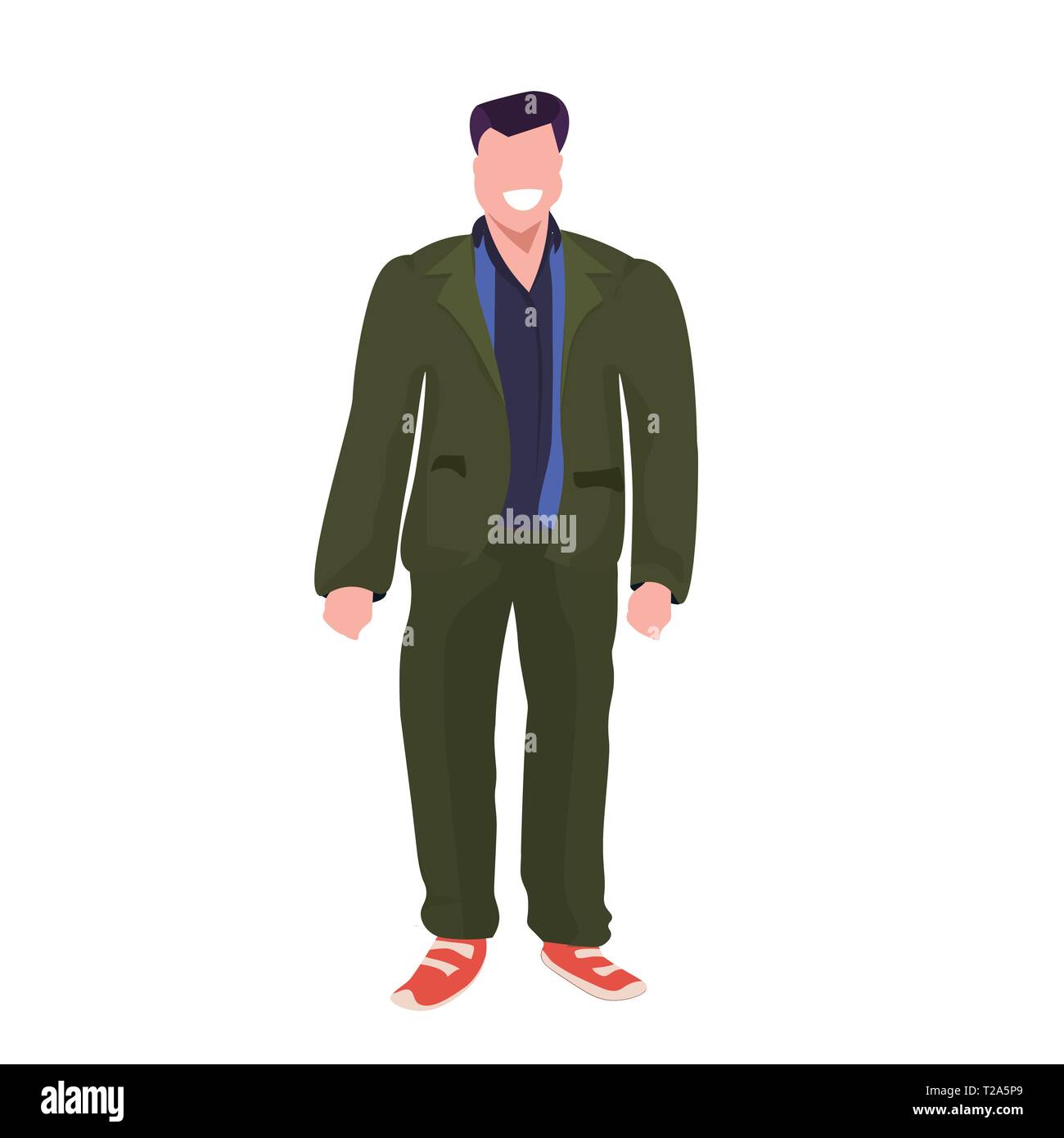 Fat obesi man standing pongono sorridente sovrappeso Casual guy obesità concetto maschio personaggio dei cartoni animati a piena lunghezza piatto sfondo bianco Illustrazione Vettoriale