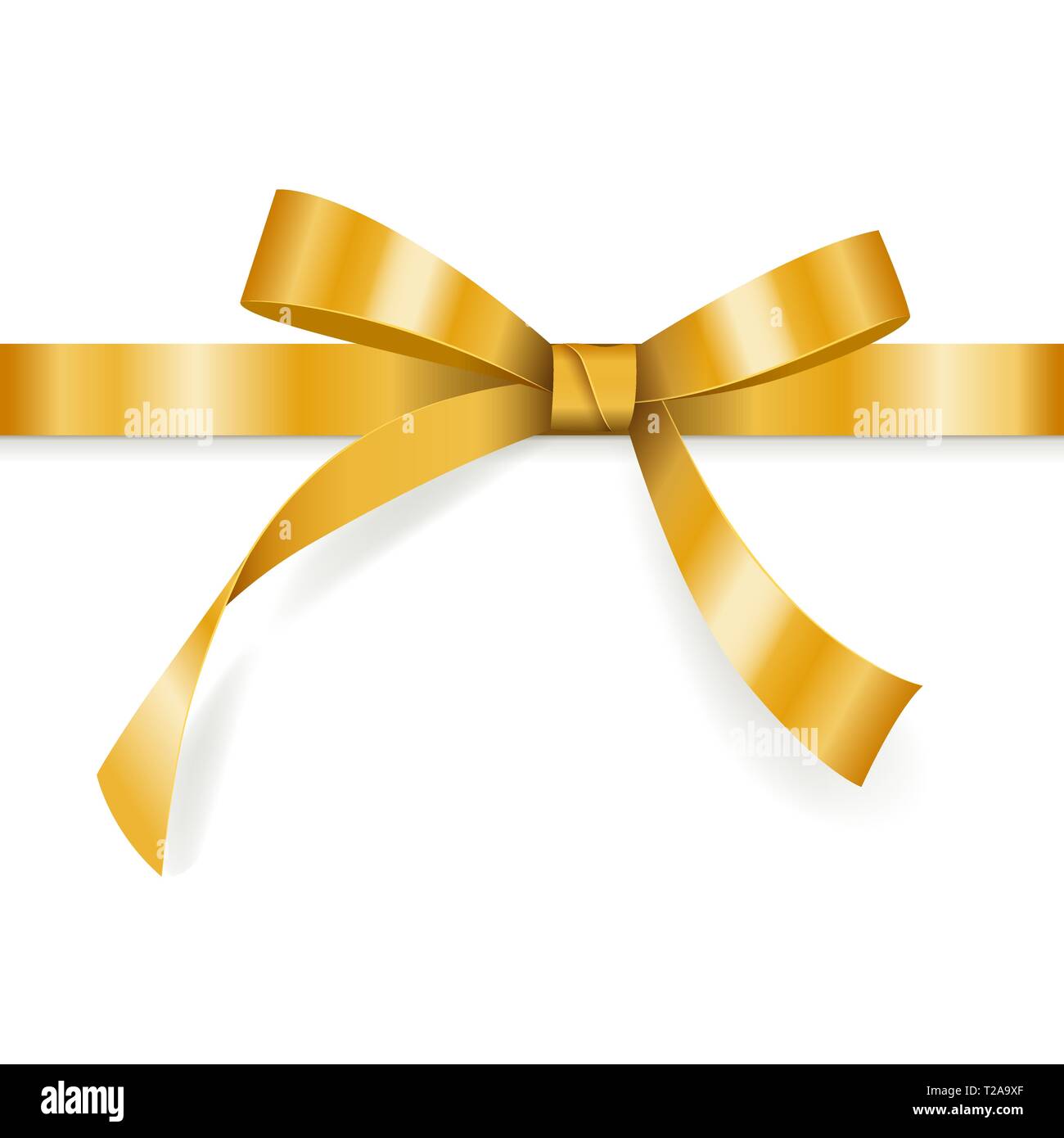 Golden bow con nastro orizzontale isolato su sfondo bianco per decorazione regali, biglietto di auguri, design vacanze, vettore Illustrazione Vettoriale
