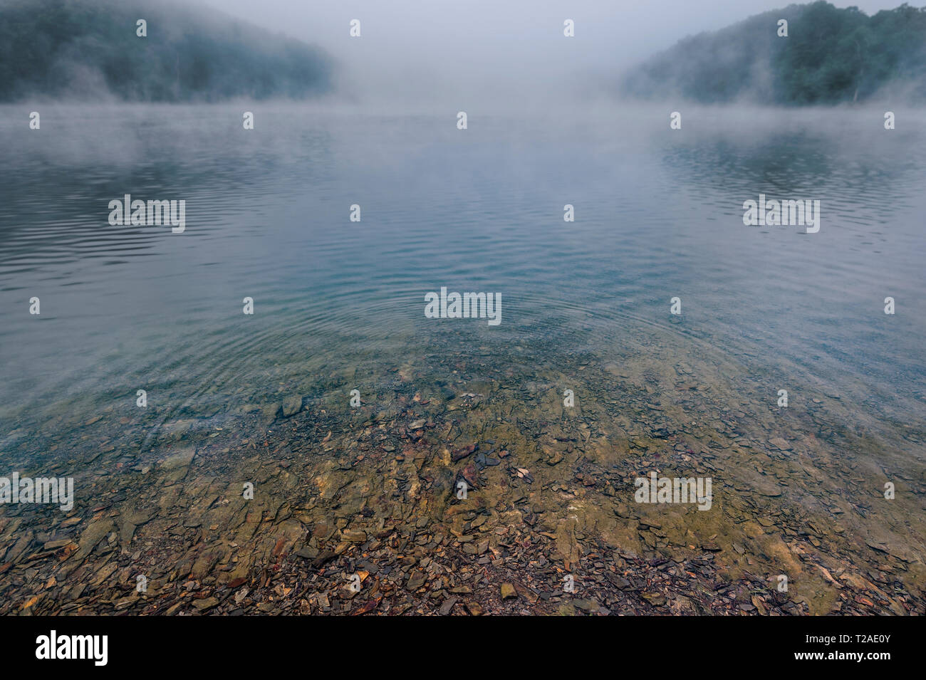 Increspature sul lago di montagna chiaro con densa nebbia Foto Stock