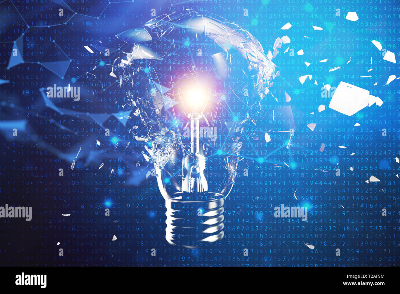 3D illustrazione esplosione della lampadina di luce su uno sfondo blu, il concetto di un pensiero creativo e soluzioni innovative. Connessione di rete delle linee e dei punti. Inno Foto Stock