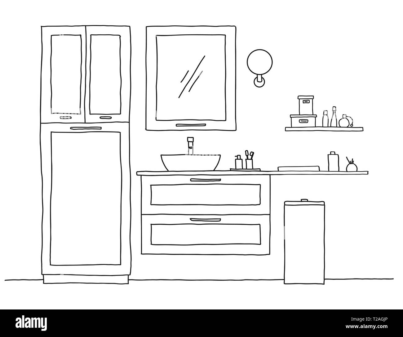 Disegna il bagno. Mobili per il bagno e il lavandino. Vettore Illustrazione Vettoriale