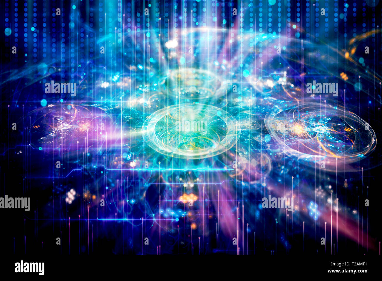Le particelle elementari serie. Interazione di astratto forme frattali in materia di fisica nucleare, scienza e graphic design. Foto Stock