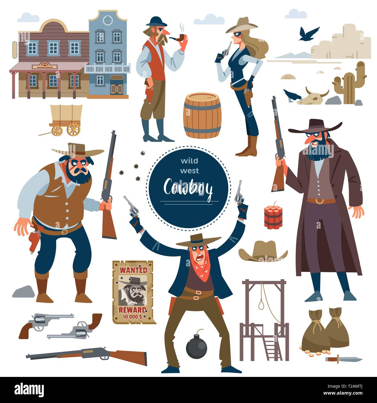 Cowboy, wild west set. Appartamento isolato illustrazione vettoriale Illustrazione Vettoriale