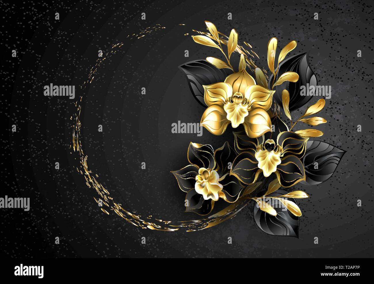 Composizione dei gioielli nero orchidee, con nero e oro foglie decorative su sfondo a trama con gocce di vernice. Illustrazione Vettoriale