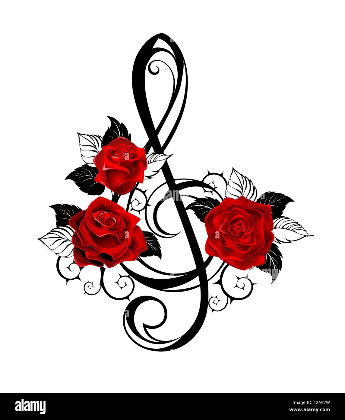 Contorno nero, chiave musicale con realistica rose rosse con foglie di  colore nero su sfondo bianco. Lo stile di tatuaggio Immagine e Vettoriale -  Alamy