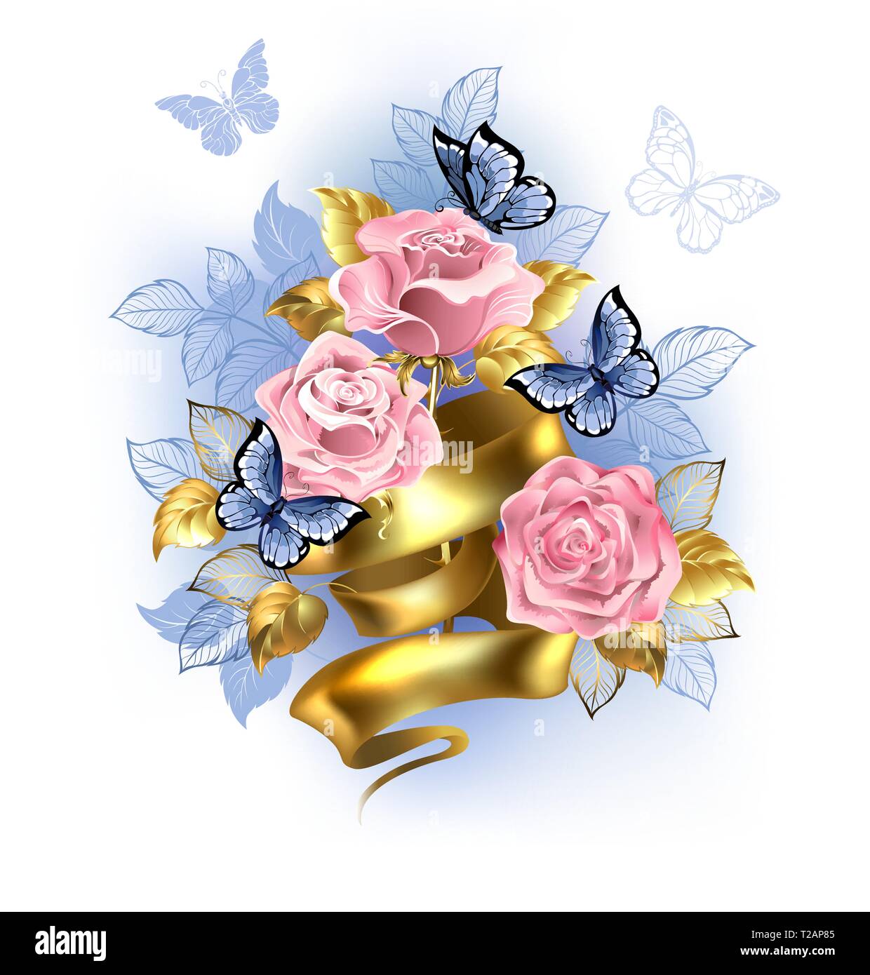Dolce rose rosa intrecciano con nastro color oro con farfalle blu su sfondo bianco. Quarzo rosa e serenità. Illustrazione Vettoriale